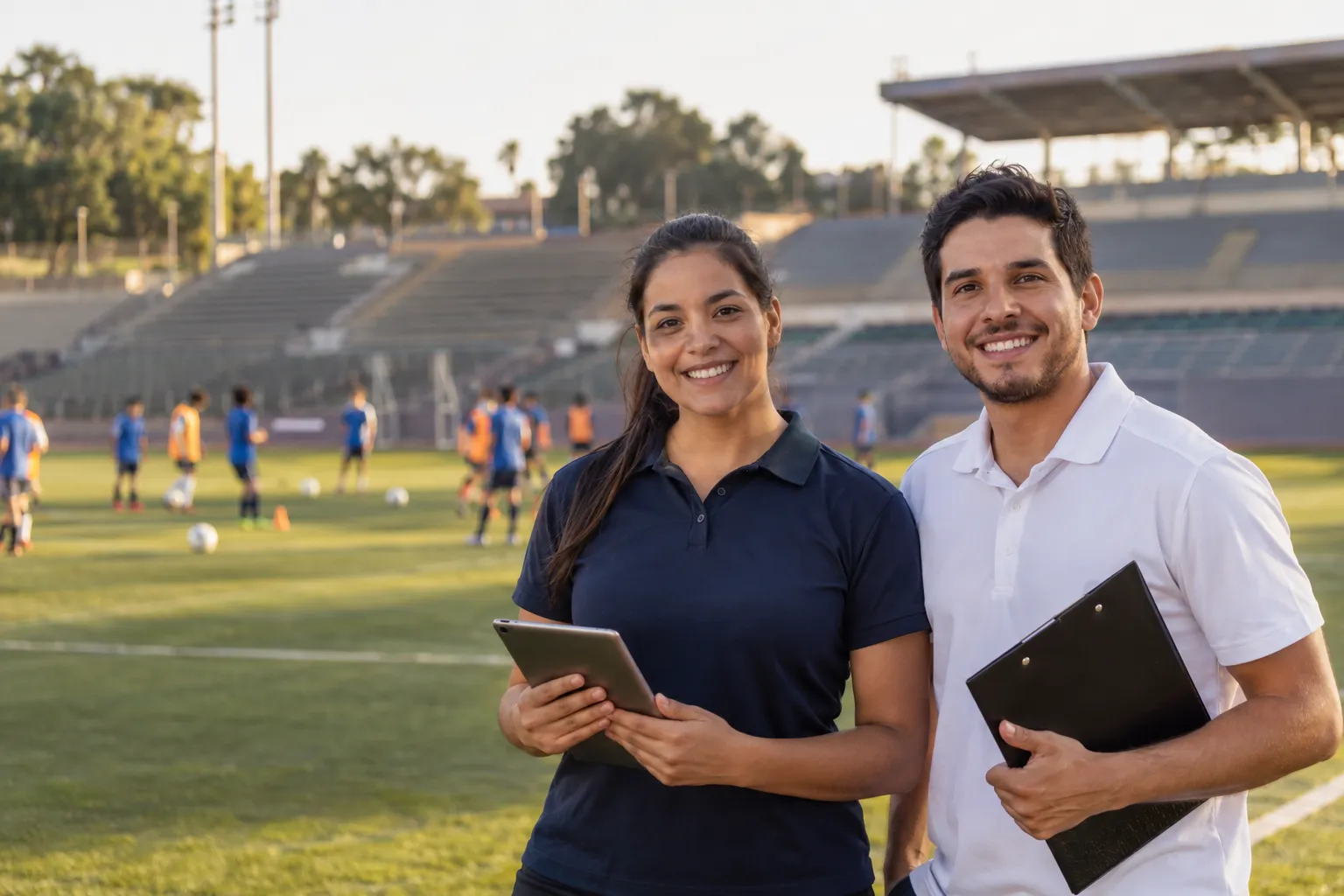 Dos administradores de un club sonríen a cámara al borde de la cancha, con una tablet y una carpeta; detrás, un equipo entrena