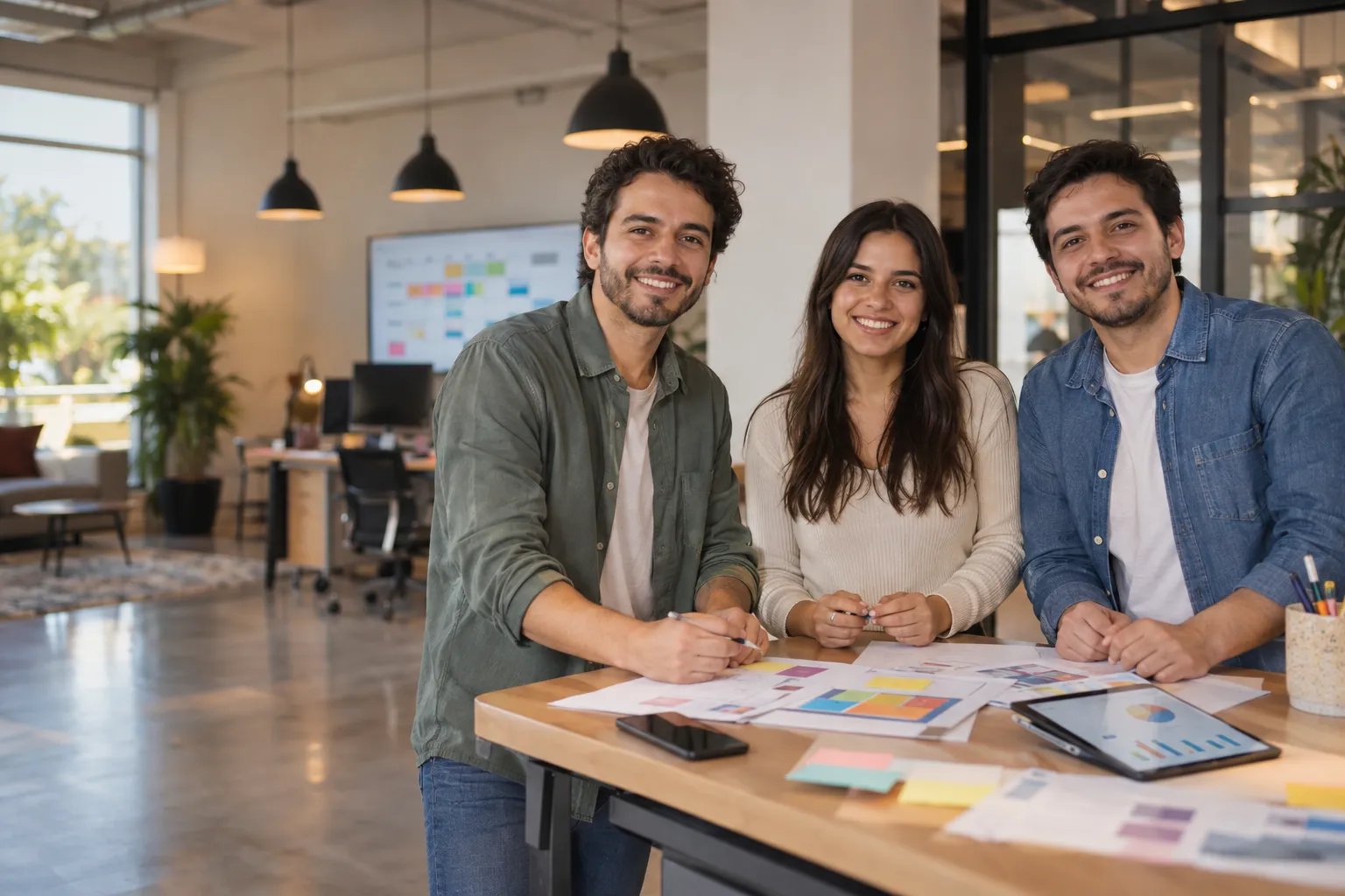 Equipo de marketing de tres jóvenes sonríe a cámara alrededor de una mesa con bocetos de campaña y gráficos