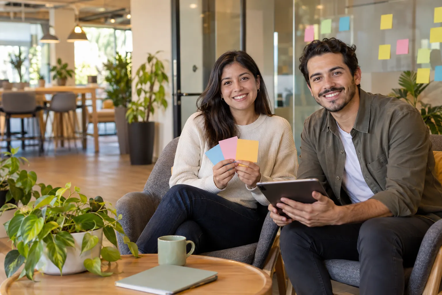Dos profesionales de gestión de personas sonríen a cámara sentados en una sala informal de oficina, ella con tarjetas de colores y él con una tablet