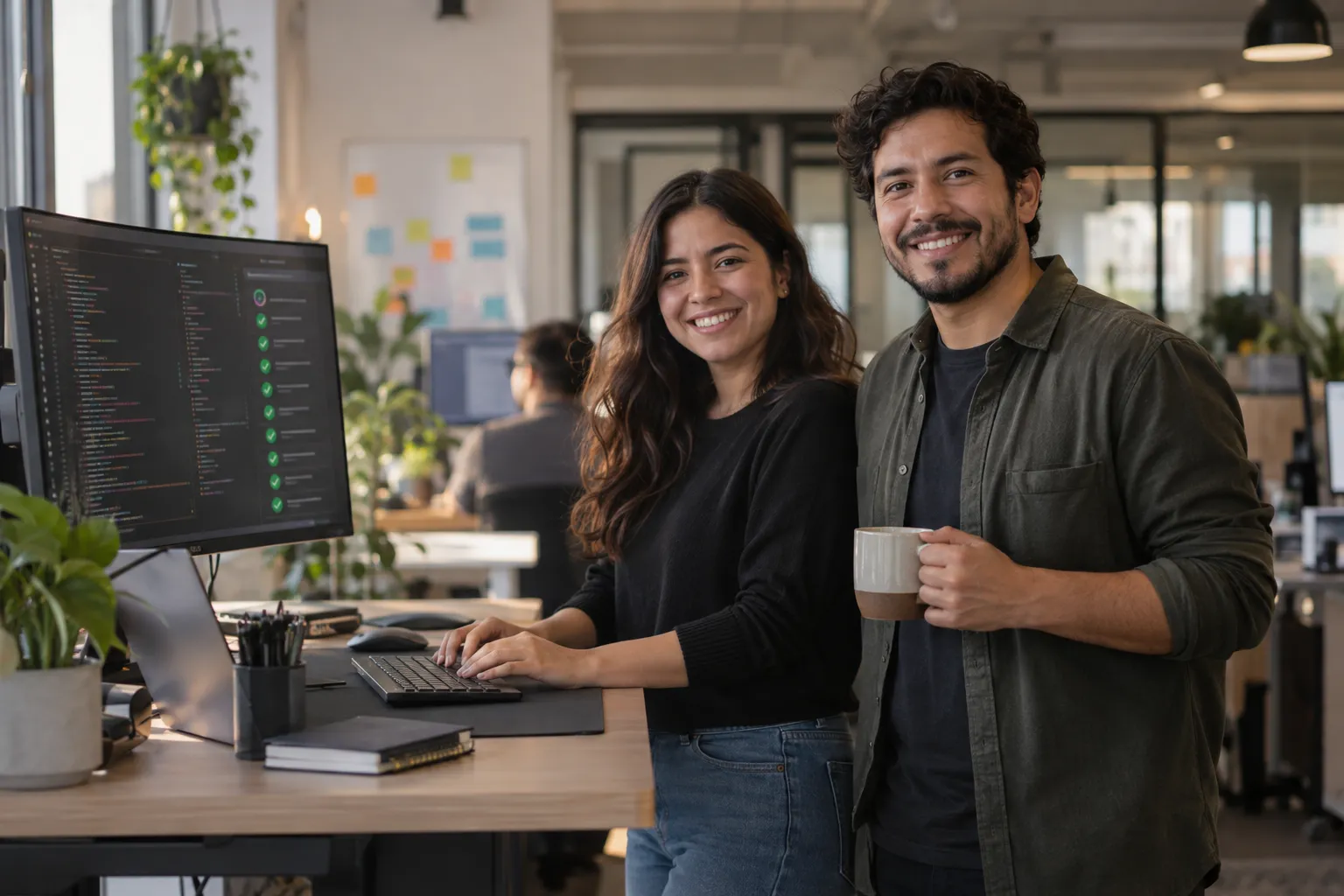 Una programadora y un programador sonríen a cámara de pie frente a un escritorio regulable, junto a un monitor con código
