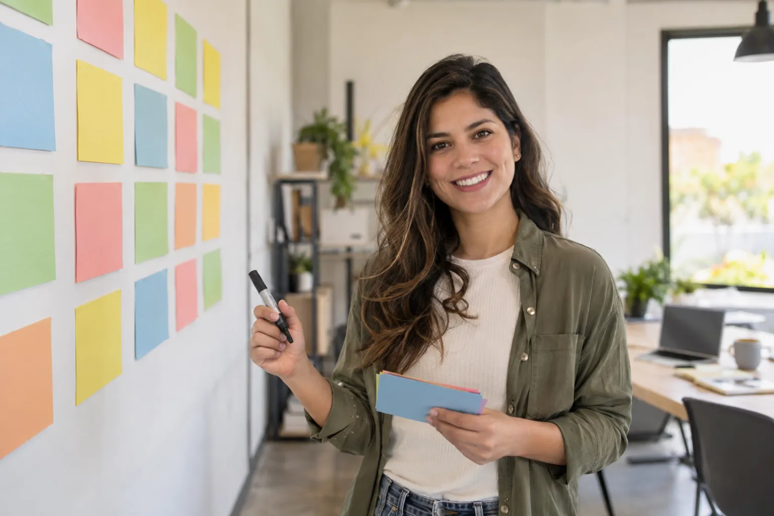 Analista de producto sonríe a cámara con tarjetas y un marcador, delante de una pared con tarjetas de colores ordenadas en filas