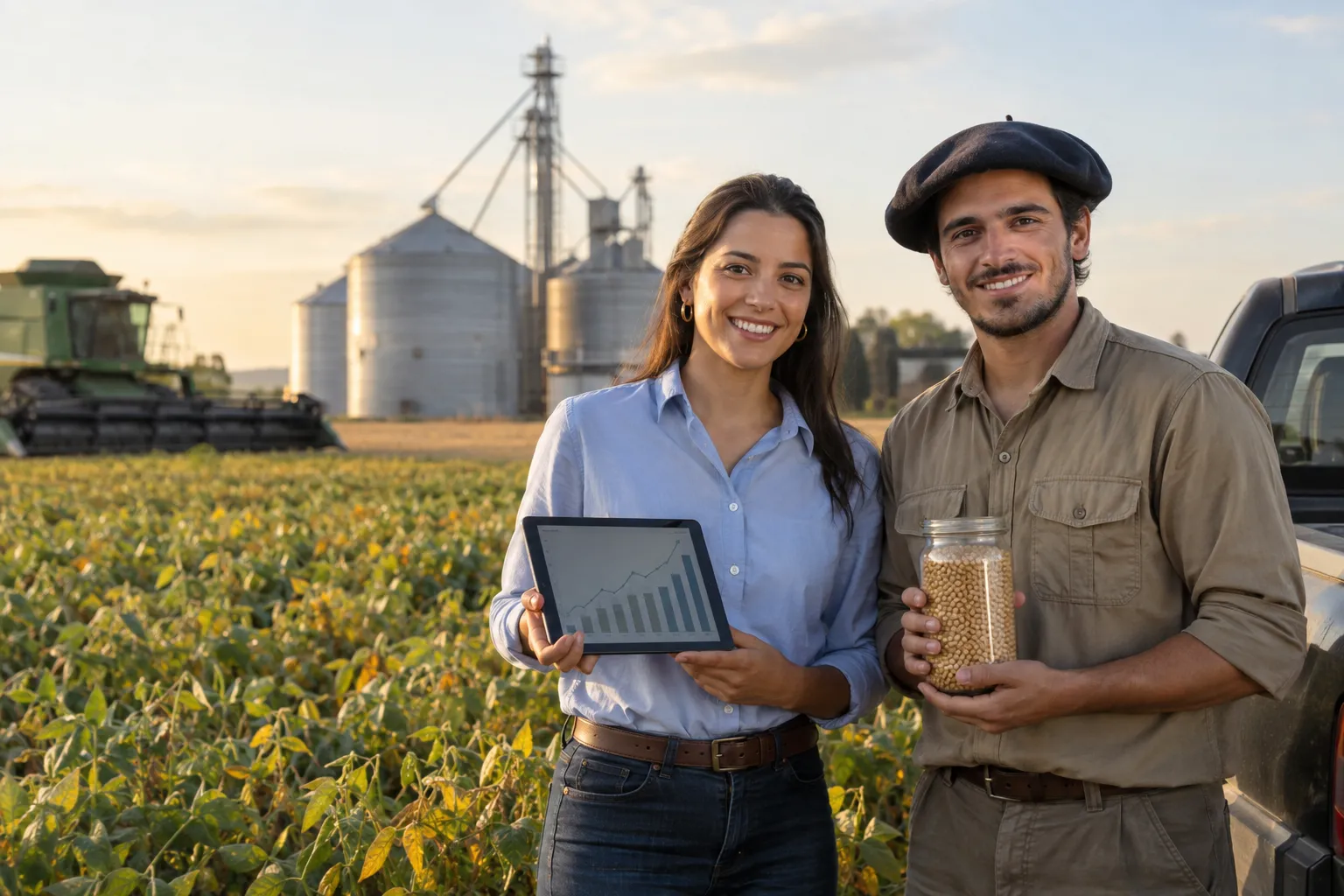 Una asesora financiera con una tablet y un productor con boina y un frasco de granos sonríen a cámara en un lote de soja, con silos y una cosechadora detrás