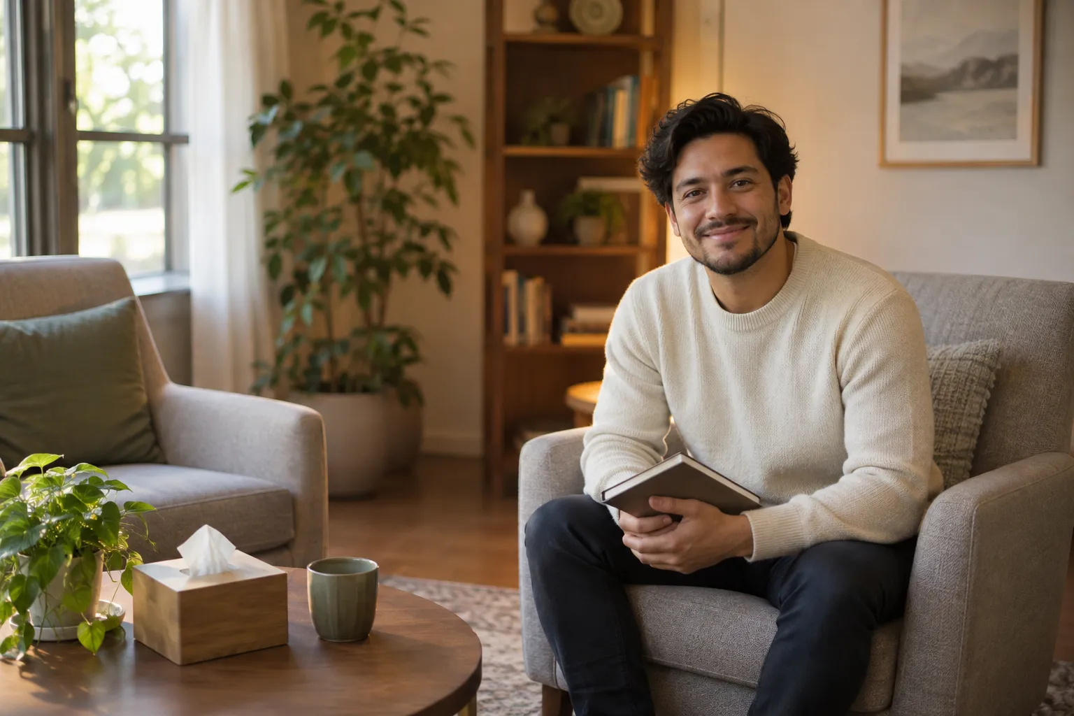 Consultor psicológico sonríe a cámara sentado en un sillón con un cuaderno, en una sala cálida con plantas y una caja de pañuelos