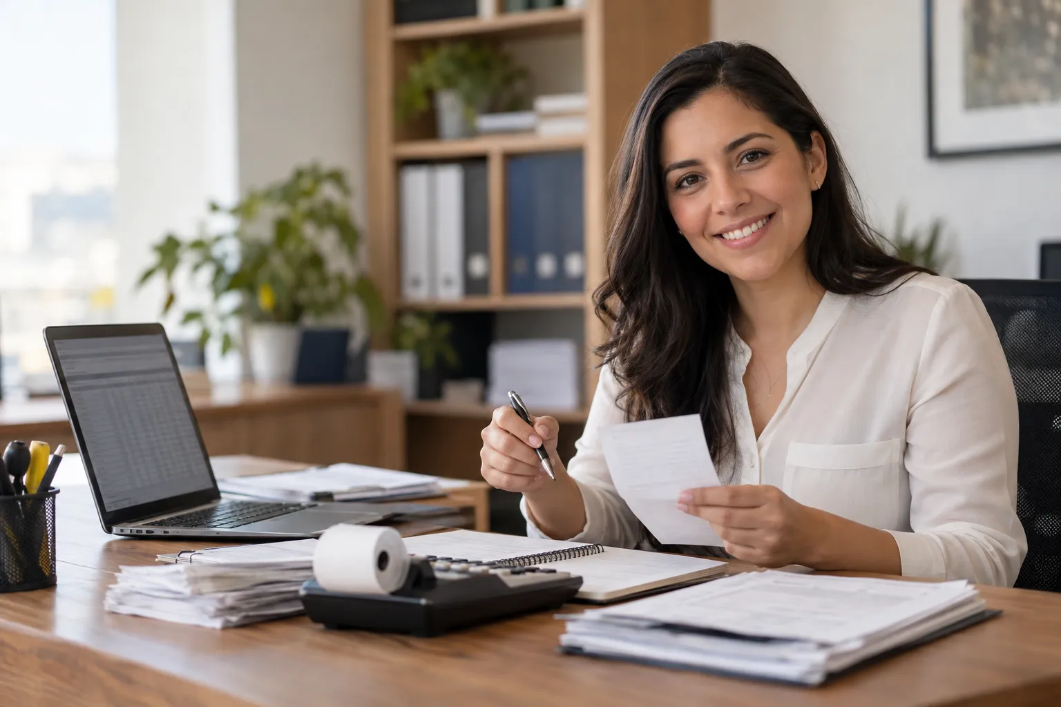 Auxiliar de finanzas sonríe a cámara en su escritorio, con un comprobante, una calculadora con rollo de papel y una notebook
