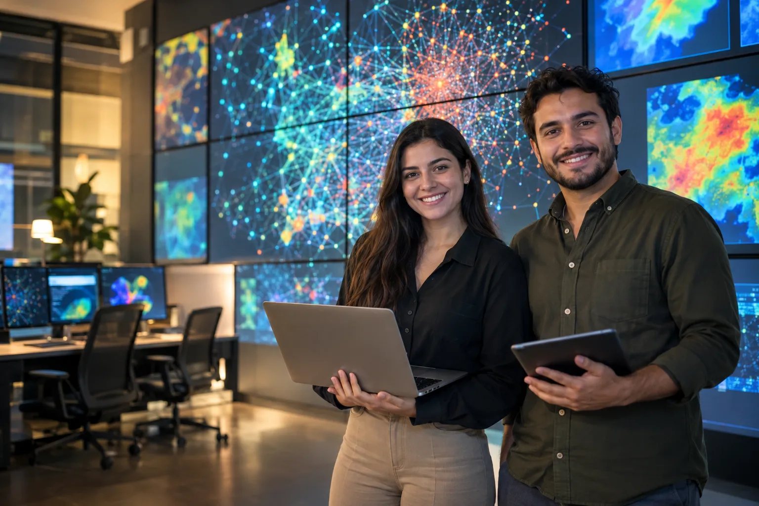 Una ingeniera de datos con una notebook y un ingeniero con una tablet sonríen a cámara frente a una pared de pantallas con nubes de puntos y mapas de calor