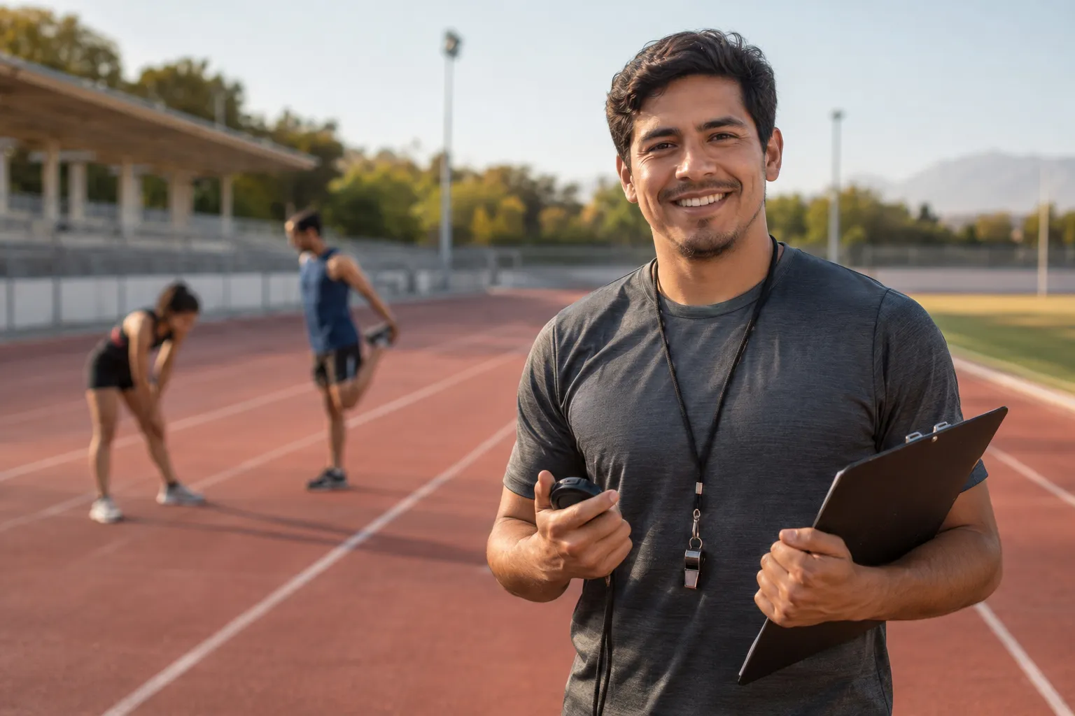 Entrenador sonríe a cámara al borde de una pista de atletismo, con un cronómetro, un silbato y una planilla; detrás, atletas elongan