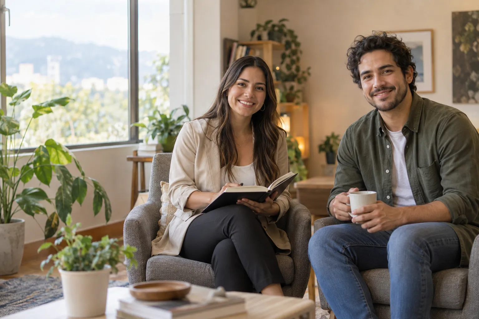Una coach con un cuaderno y un hombre con una taza sonríen a cámara sentados en sillones, en una sala luminosa con plantas