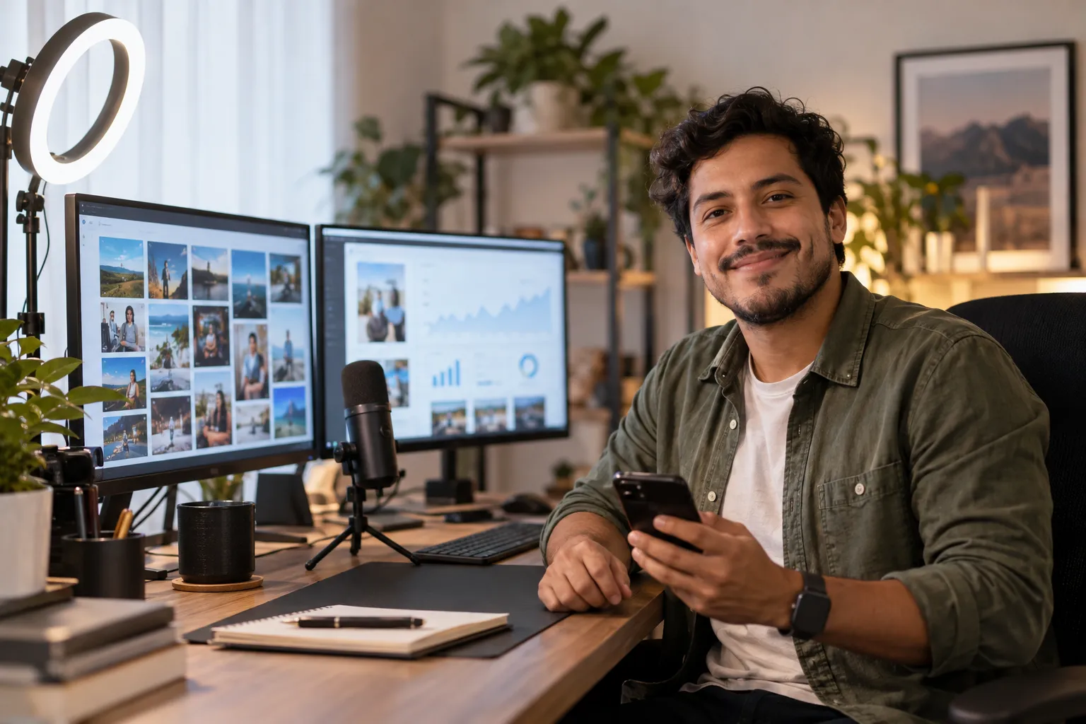 Responsable de redes sociales sonríe a cámara con un celular en la mano, frente a dos monitores con publicaciones y métricas