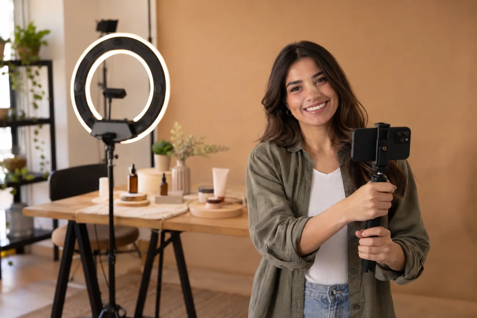 Community manager sonríe a cámara en un estudio de contenidos, con un celular en un trípode de mano y un aro de luz detrás