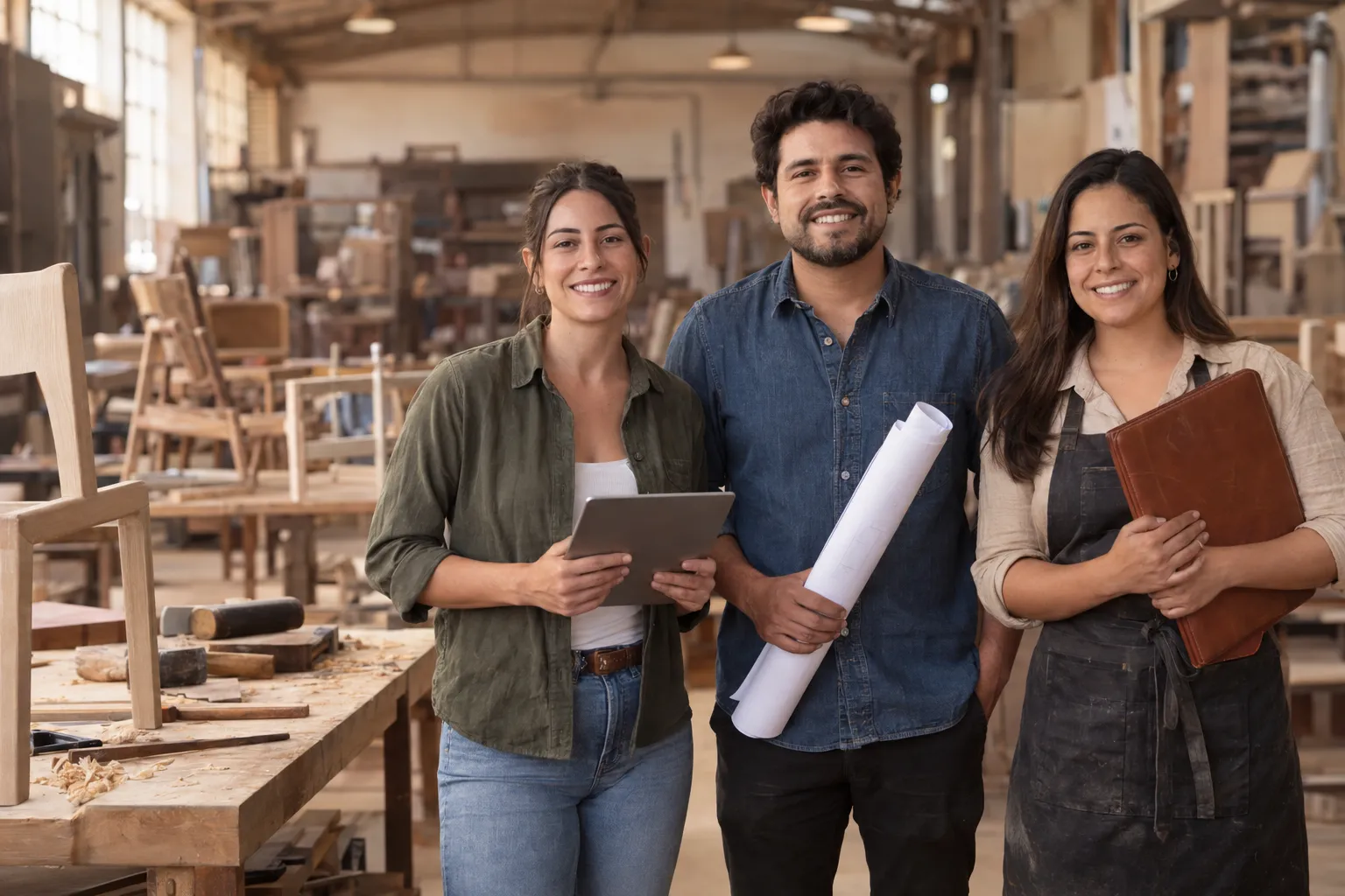 Tres hermanos al frente de la fábrica de muebles de su familia sonríen a cámara en el taller, con una tablet, un plano enrollado y una carpeta