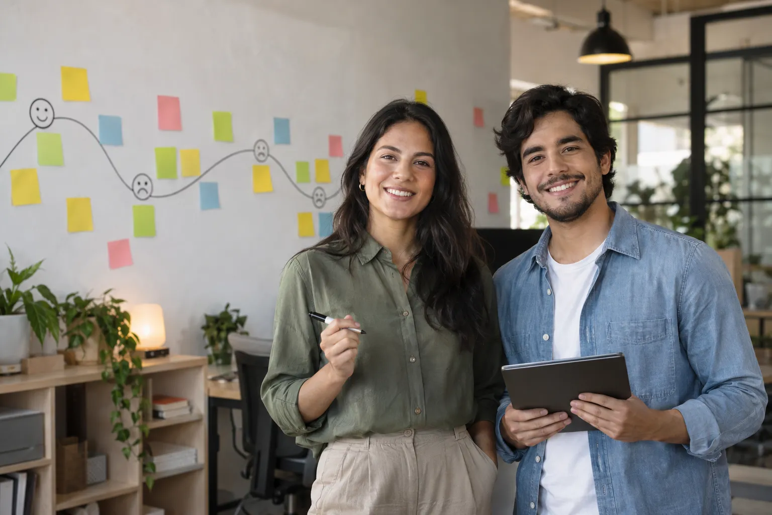 Dos diseñadores de experiencia del cliente sonríen a cámara delante de una pared con un recorrido dibujado con caritas y notas adhesivas
