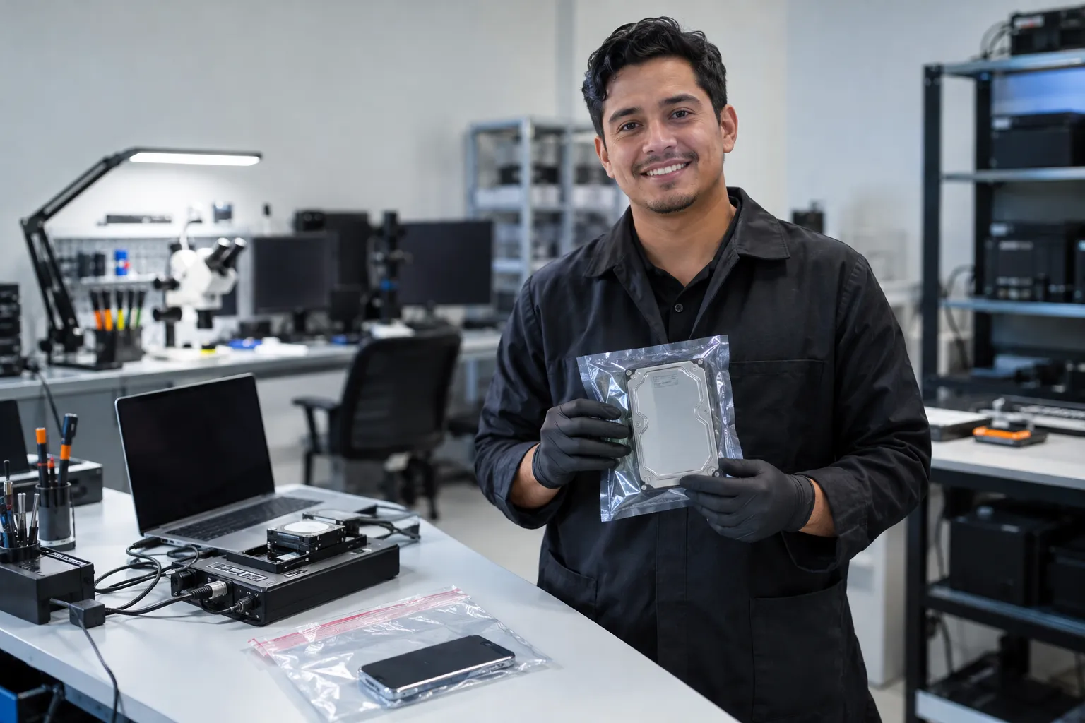 Perito informático con guantes sonríe a cámara en un laboratorio forense digital, con un disco rígido en una bolsa antiestática