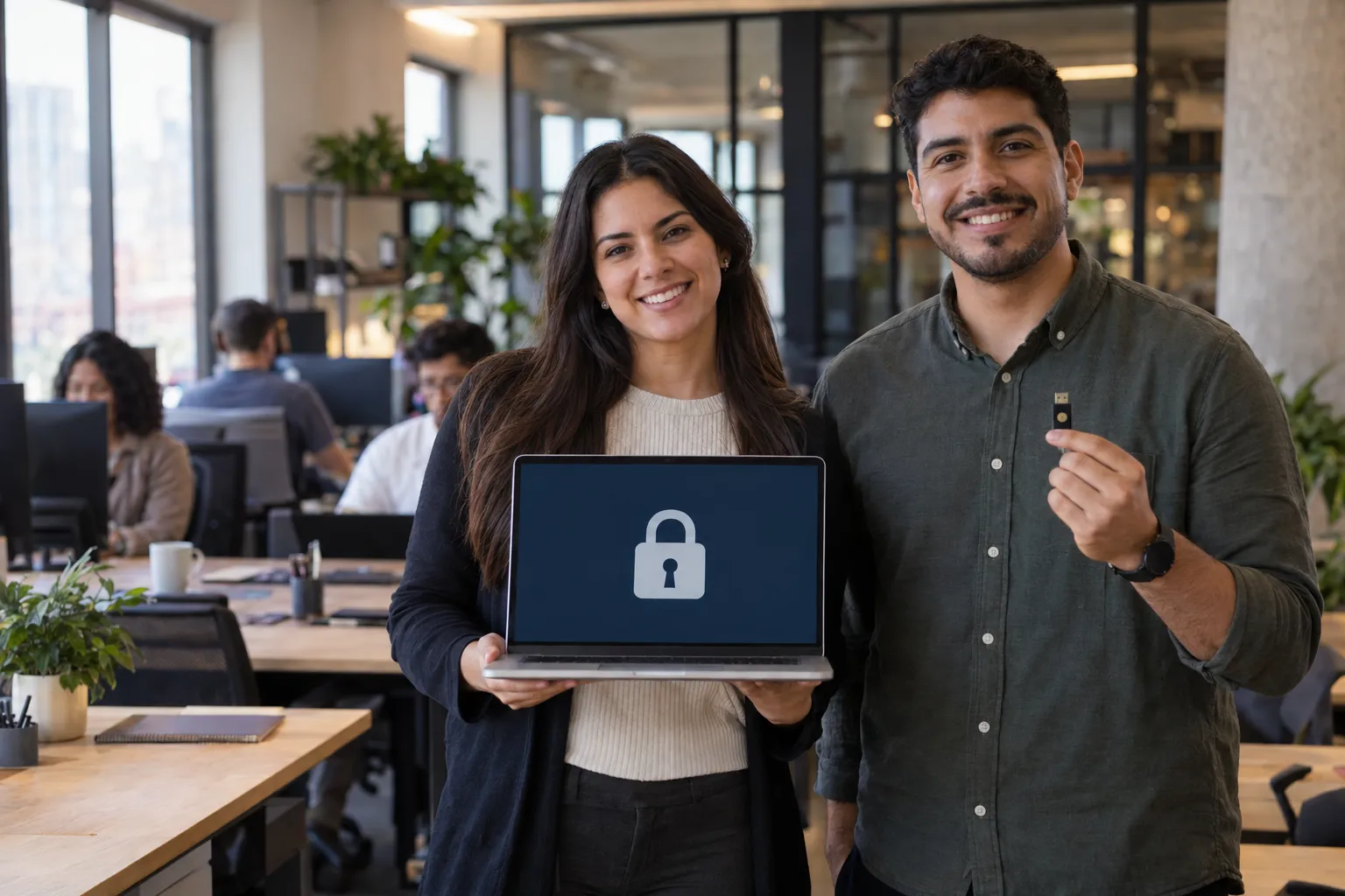 Una capacitadora con una notebook que muestra un candado y un compañero con una llave de seguridad sonríen a cámara en una oficina