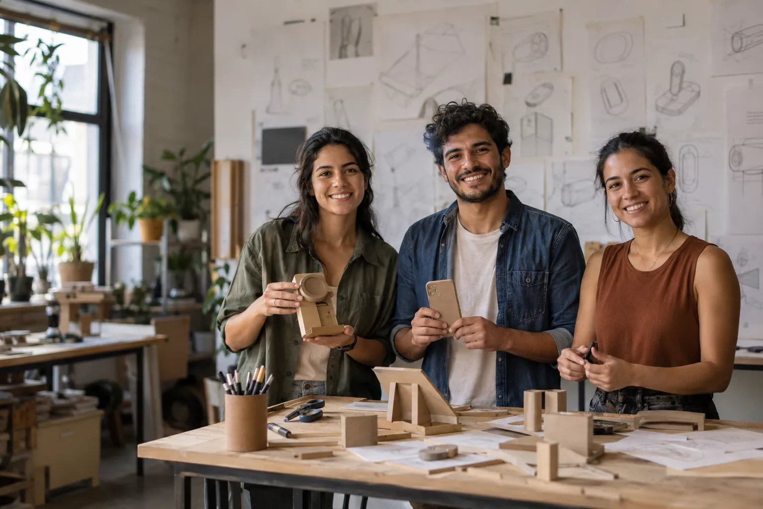Tres diseñadores sonríen a cámara alrededor de una mesa con prototipos de cartón, delante de una pared con bocetos