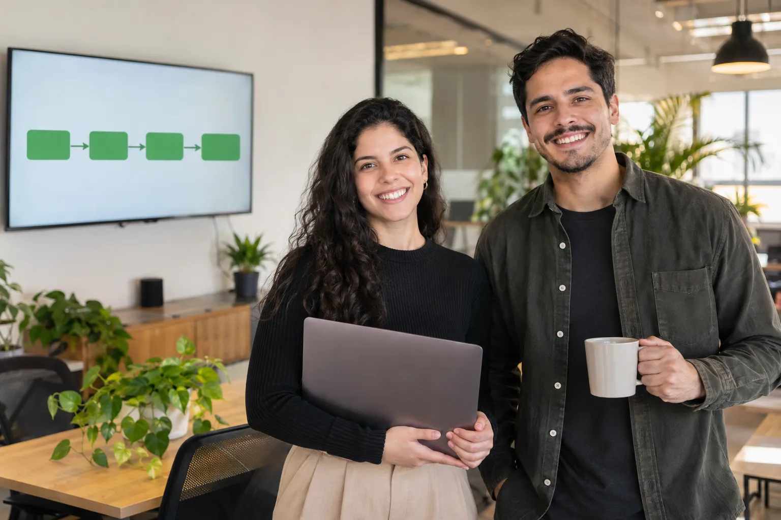 Una ingeniera con una notebook y un ingeniero con una taza sonríen a cámara junto a un monitor con un flujo de casilleros conectados