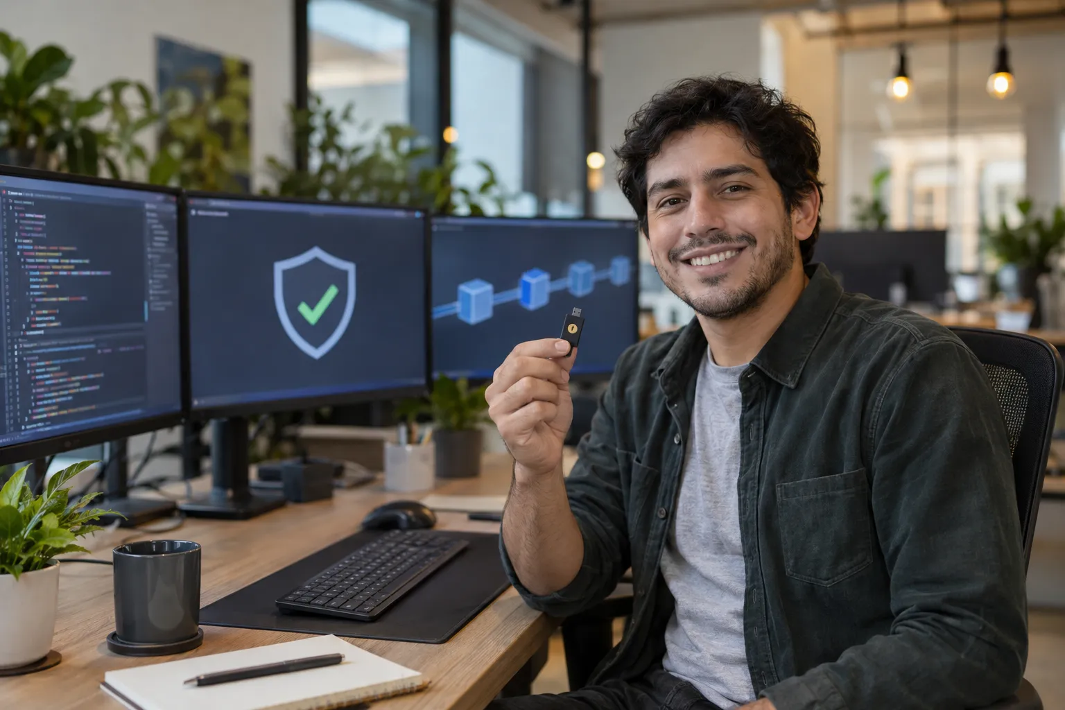 Ingeniero de software sonríe a cámara con una llave de seguridad en la mano, frente a monitores con código y un escudo con tilde verde