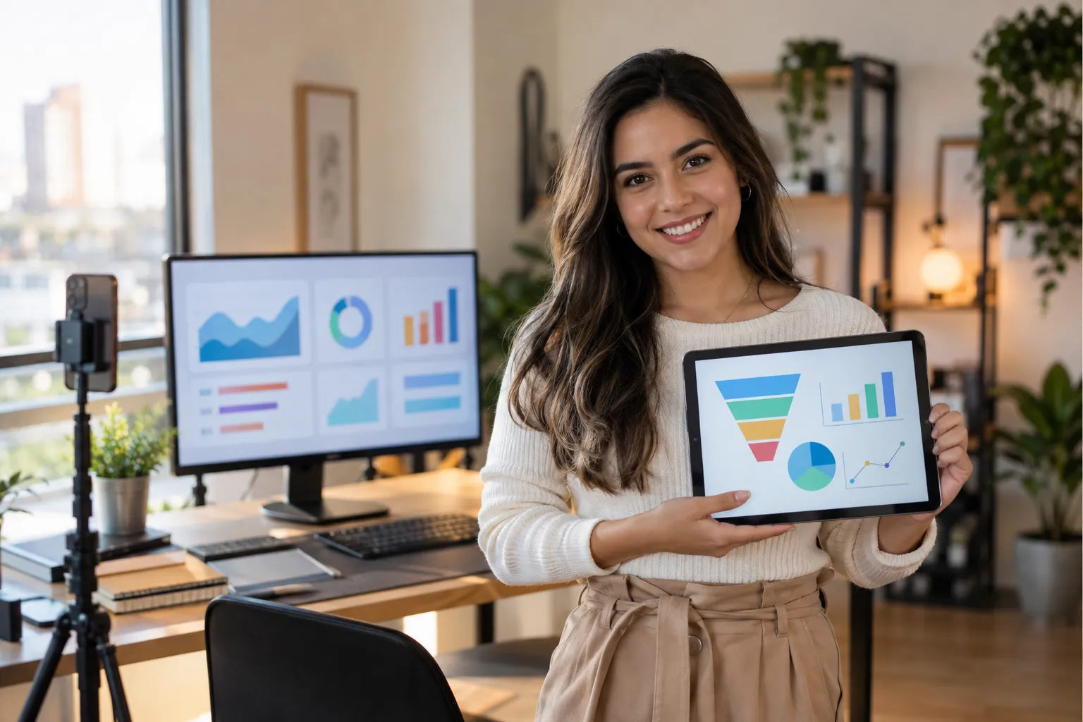 Especialista en marketing digital sonríe a cámara con una tablet que muestra un embudo y gráficos; detrás, un monitor con métricas