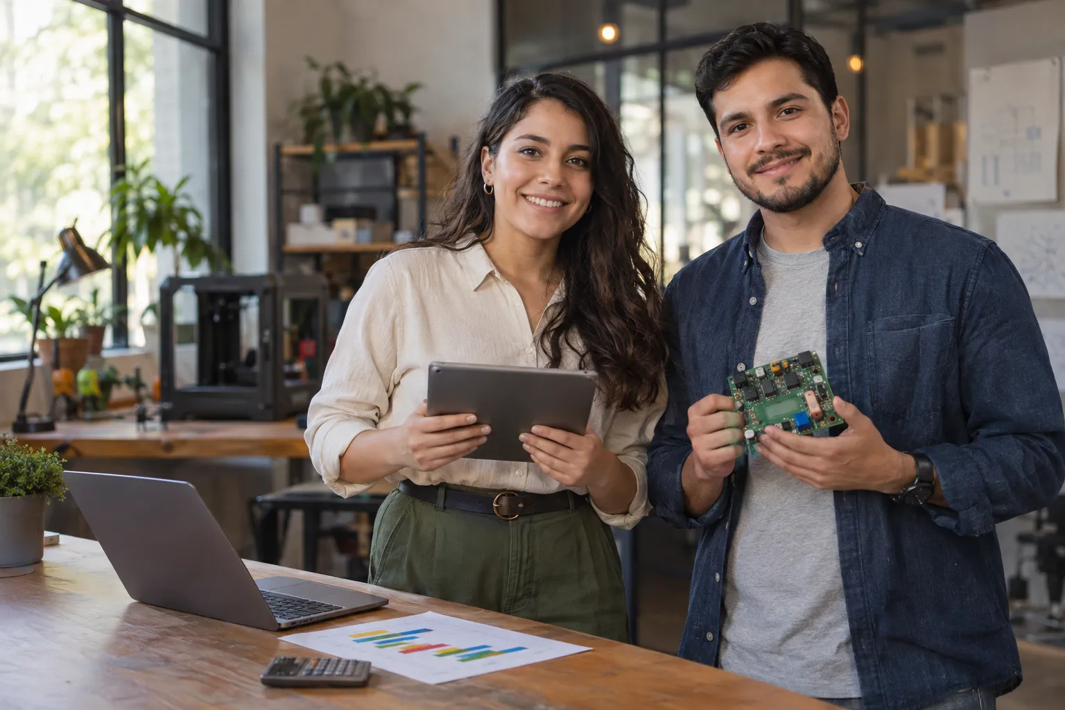 Una mujer con una tablet y un hombre con una placa electrónica sonríen a cámara junto a una mesa con un cronograma impreso y una notebook