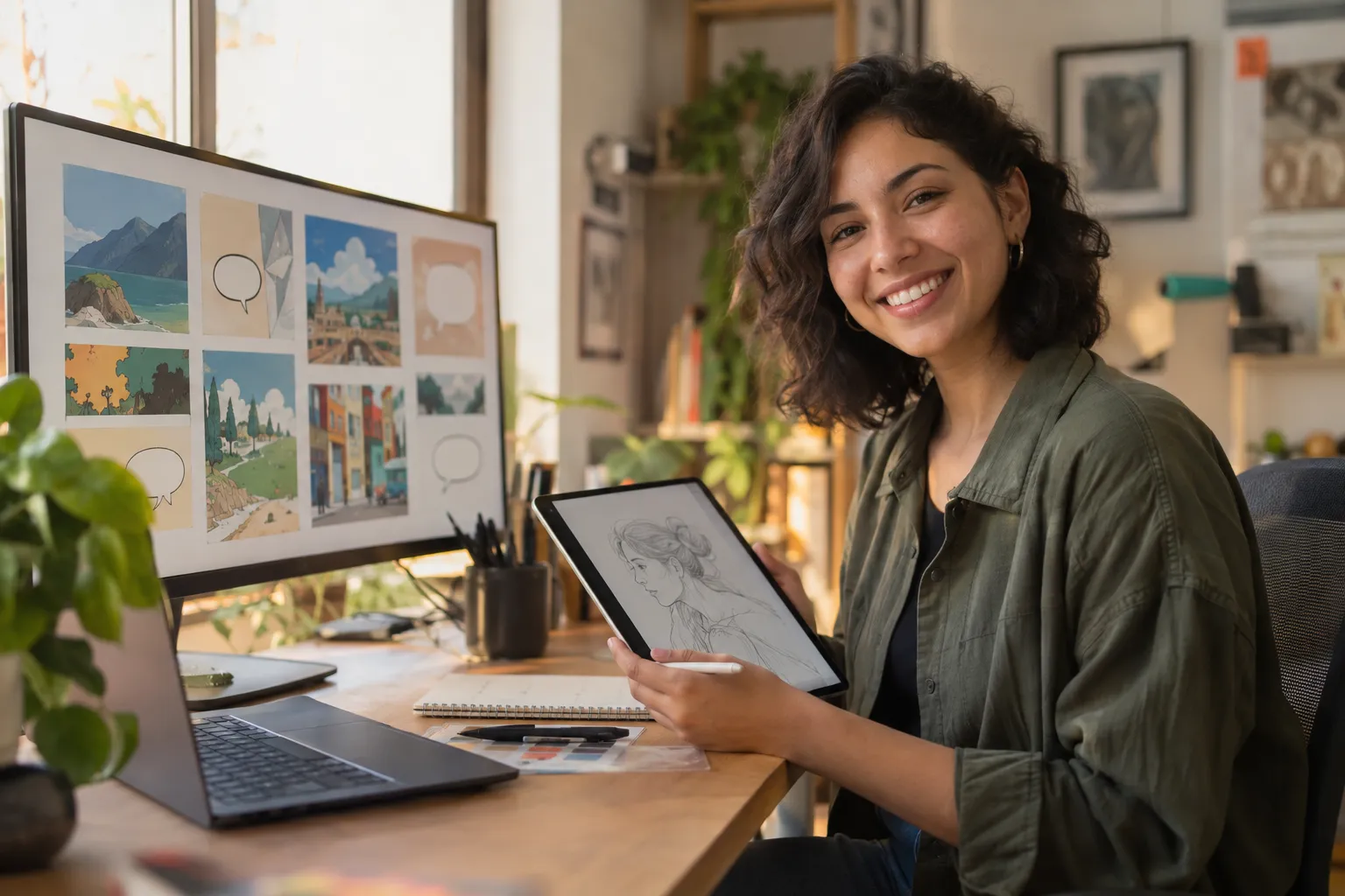 Especialista en inteligencia artificial sonríe a cámara con una tablet con un boceto, junto a un monitor con una grilla de ilustraciones generadas