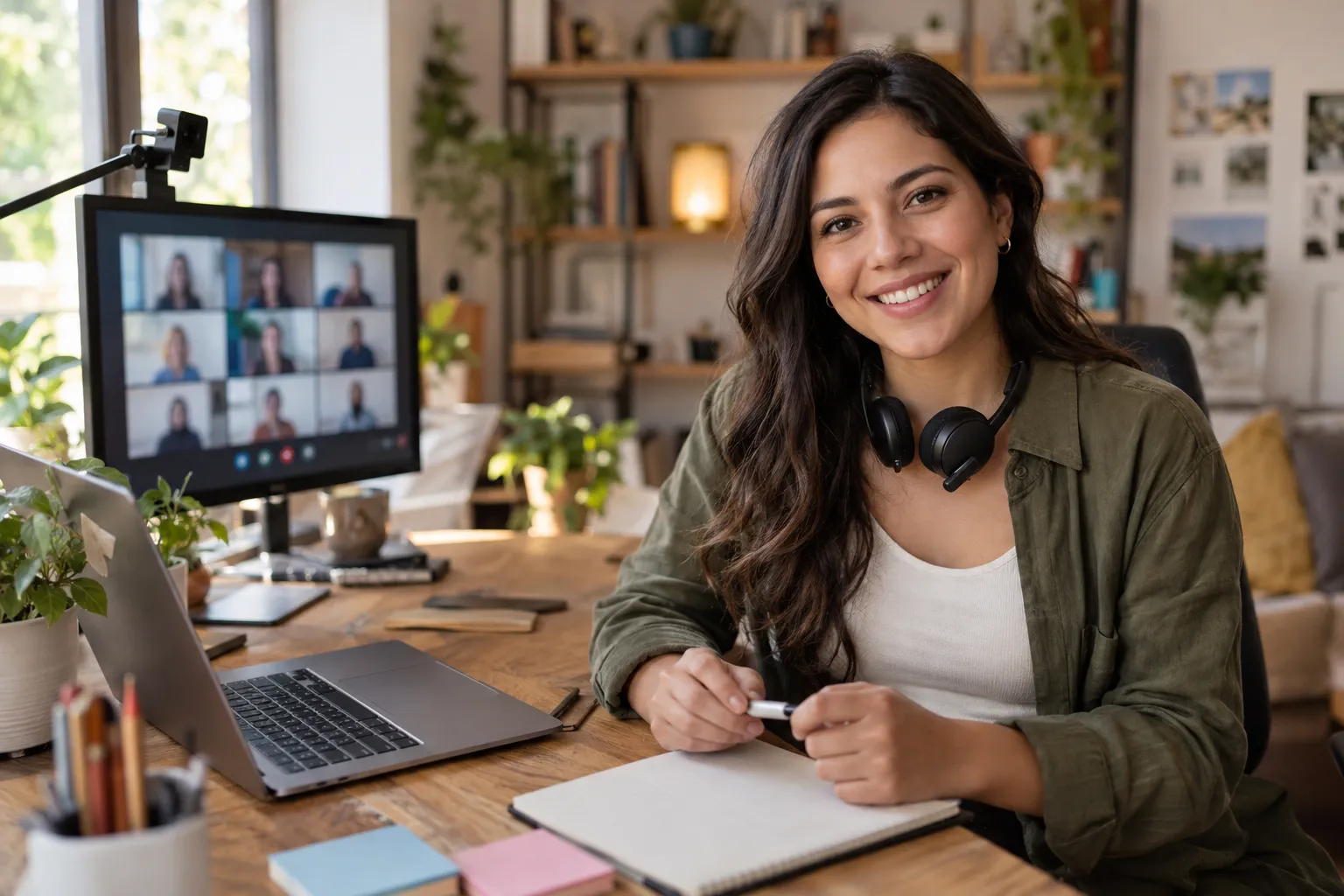 Diseñadora de capacitaciones en línea sonríe a cámara en su escritorio, con auriculares al cuello y una videollamada grupal en el monitor