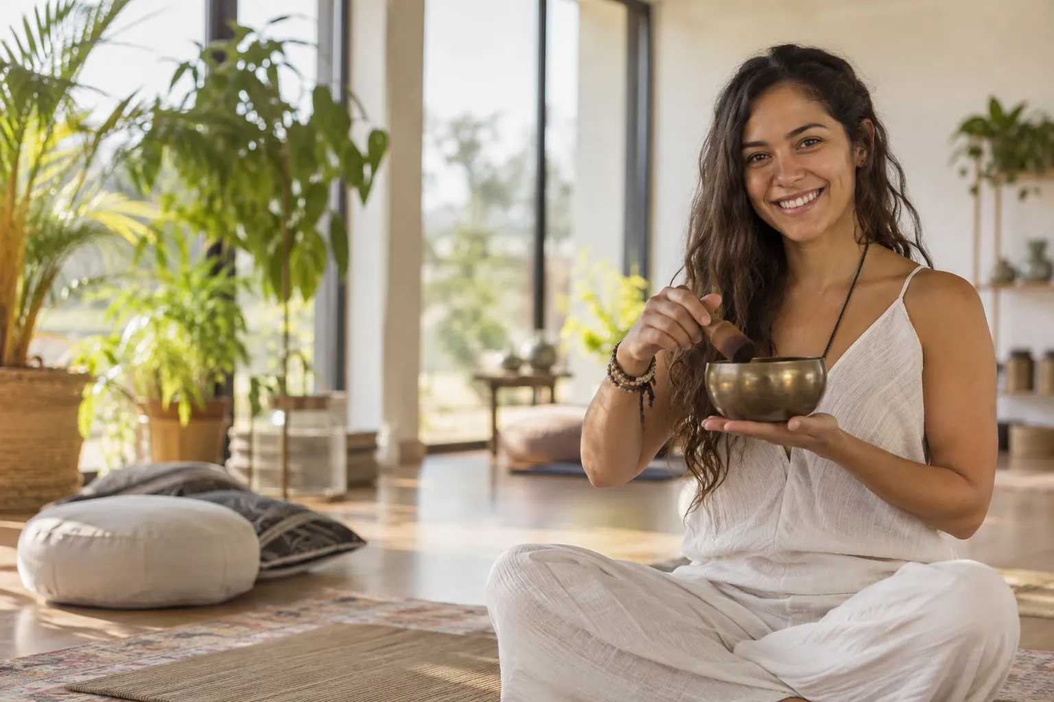 Instructora de bienestar sonríe a cámara sentada sobre una colchoneta con un cuenco de metal, en una sala luminosa con plantas