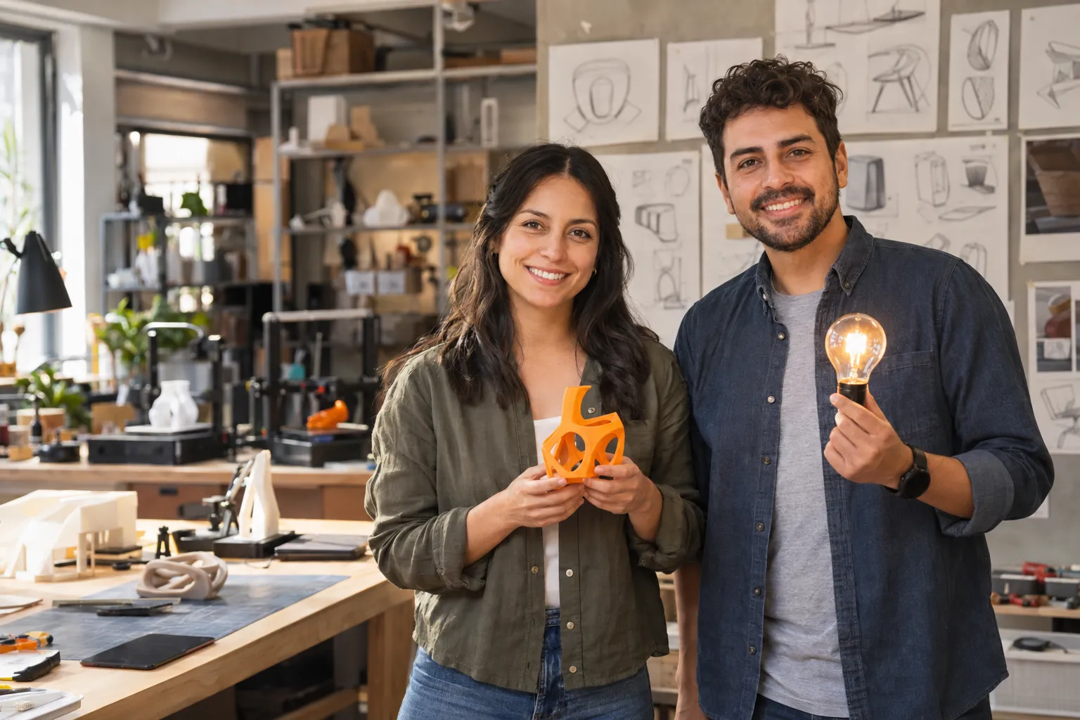 Dos responsables de innovación sonríen a cámara en un laboratorio con impresoras 3D, ella con una pieza impresa y él con una lamparita encendida