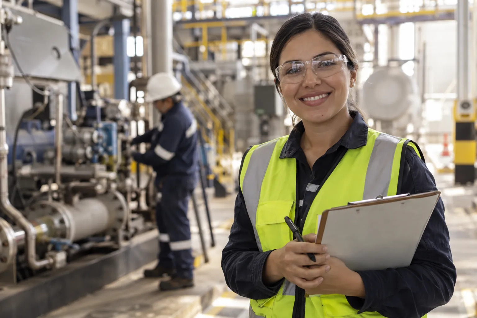 Auditora interna con anteojos de seguridad y chaleco reflectivo sonríe a cámara con una planilla en una planta industrial