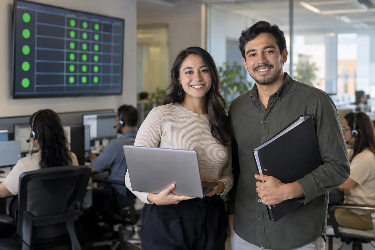 Dos responsables de servicios informáticos sonríen a cámara con una notebook y un bibliorato, junto a un tablero de semáforos verdes y una mesa de ayuda