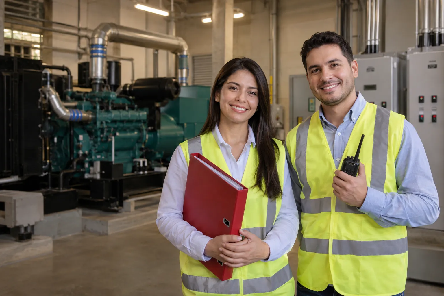 Dos responsables de continuidad del negocio con chaleco reflectivo sonríen a cámara junto a un generador eléctrico de emergencia, con un bibliorato y un handy