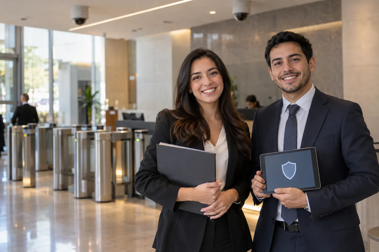Una auditora con una carpeta y un auditor con una tablet que muestra un escudo sonríen a cámara en la recepción de un edificio con molinetes de acceso