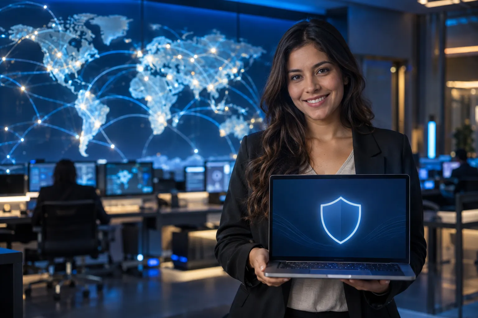 Especialista en ciberseguridad sonríe a cámara con una notebook que muestra un escudo, frente a un mapa mundial digital con conexiones luminosas