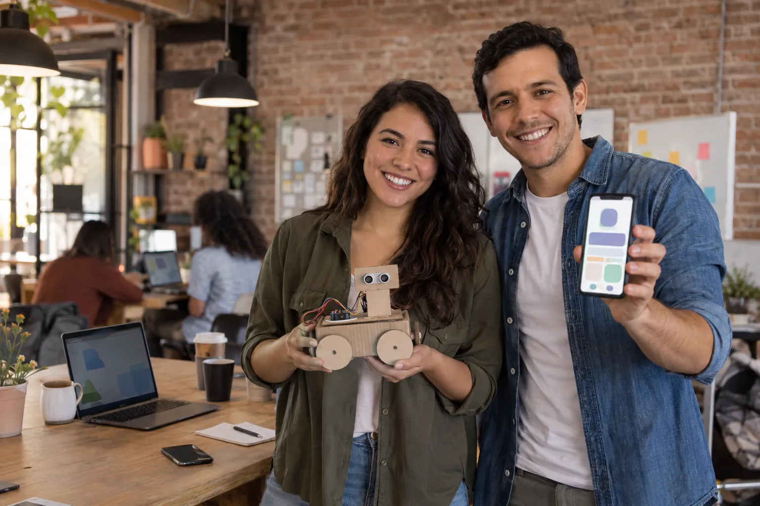 Dos emprendedores sonríen a cámara en un espacio de trabajo compartido, ella con un prototipo de cartón y él con la maqueta de una aplicación en el celular