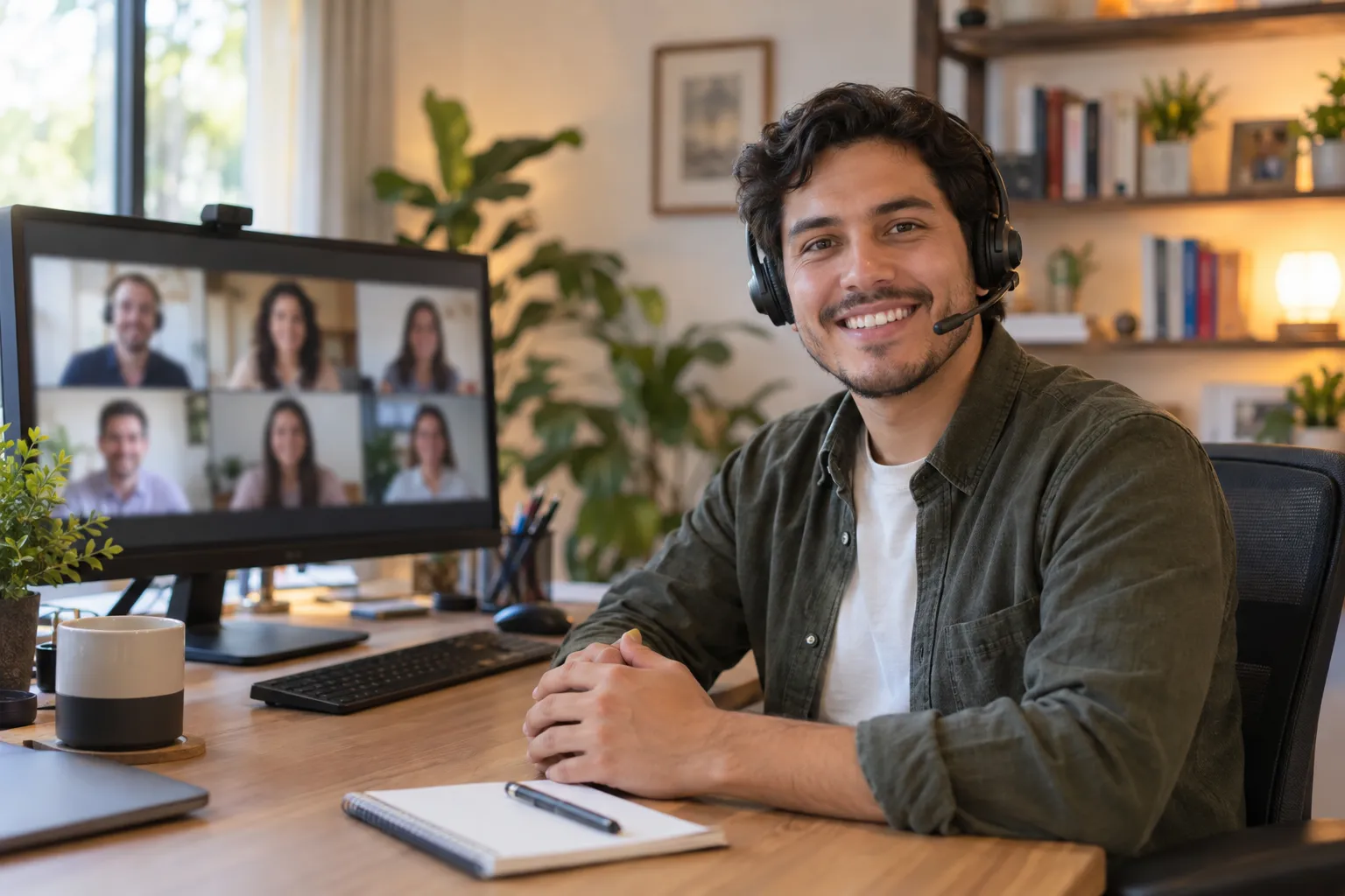 Líder de equipo con auriculares sonríe a cámara en el escritorio de su casa, junto a un monitor con una videollamada grupal