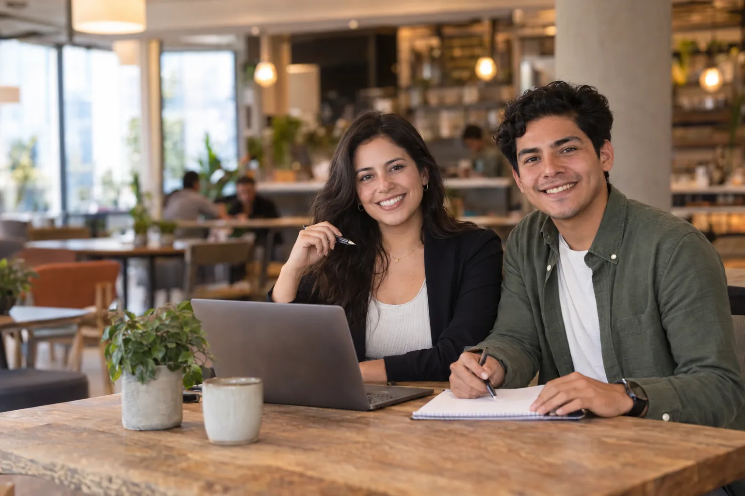 Una mentora y un colega más joven sonríen a cámara sentados en la mesa de un café de oficina, con una notebook y un cuaderno