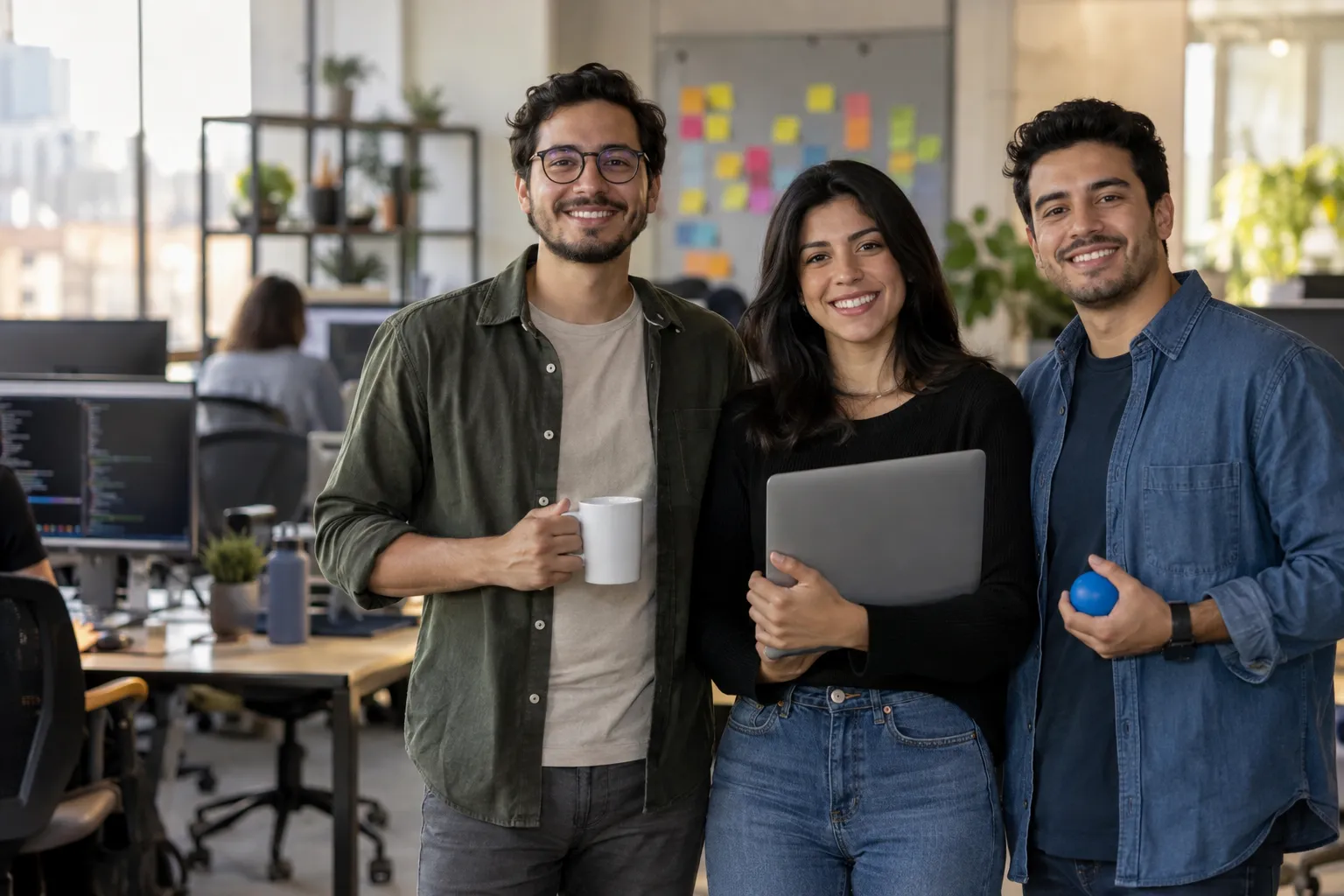 Tres desarrolladores de software sonríen a cámara en una oficina con monitores con código y un tablero de tarjetas, con una taza, una notebook y una pelota antiestrés