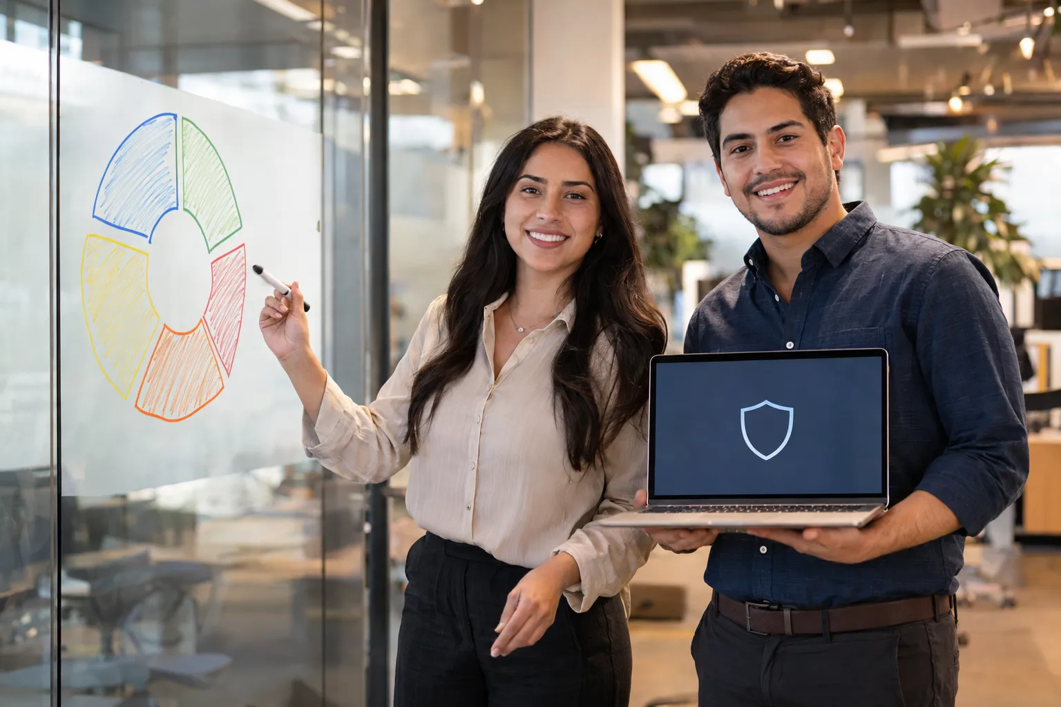 Dos responsables de riesgo informático sonríen a cámara junto a un diagrama circular de cinco sectores dibujado en una pared de vidrio, él con una notebook con un escudo