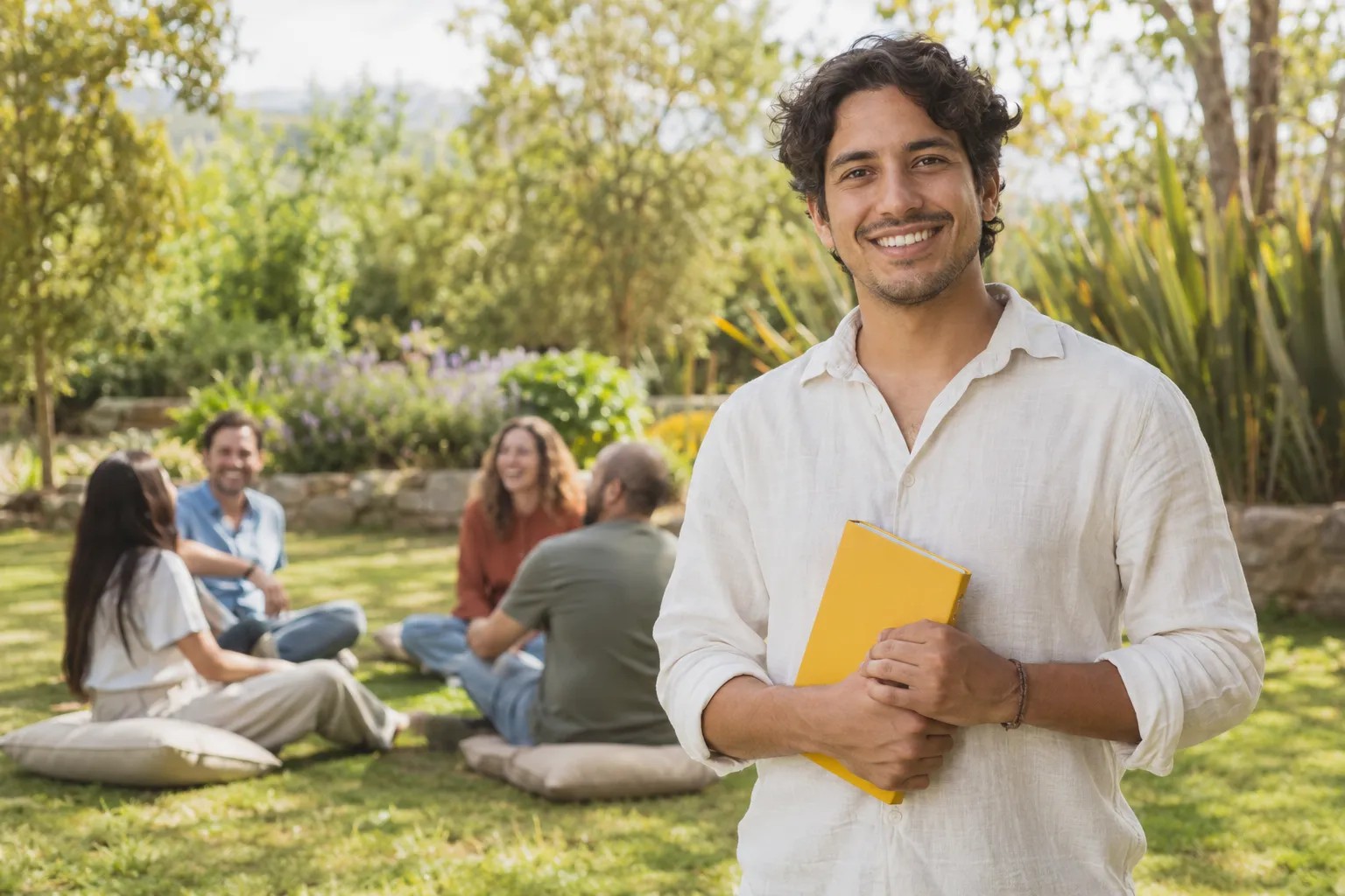 Facilitador de talleres de bienestar sonríe a cámara con un cuaderno amarillo en un jardín; detrás, un grupo conversa sentado en ronda sobre el césped