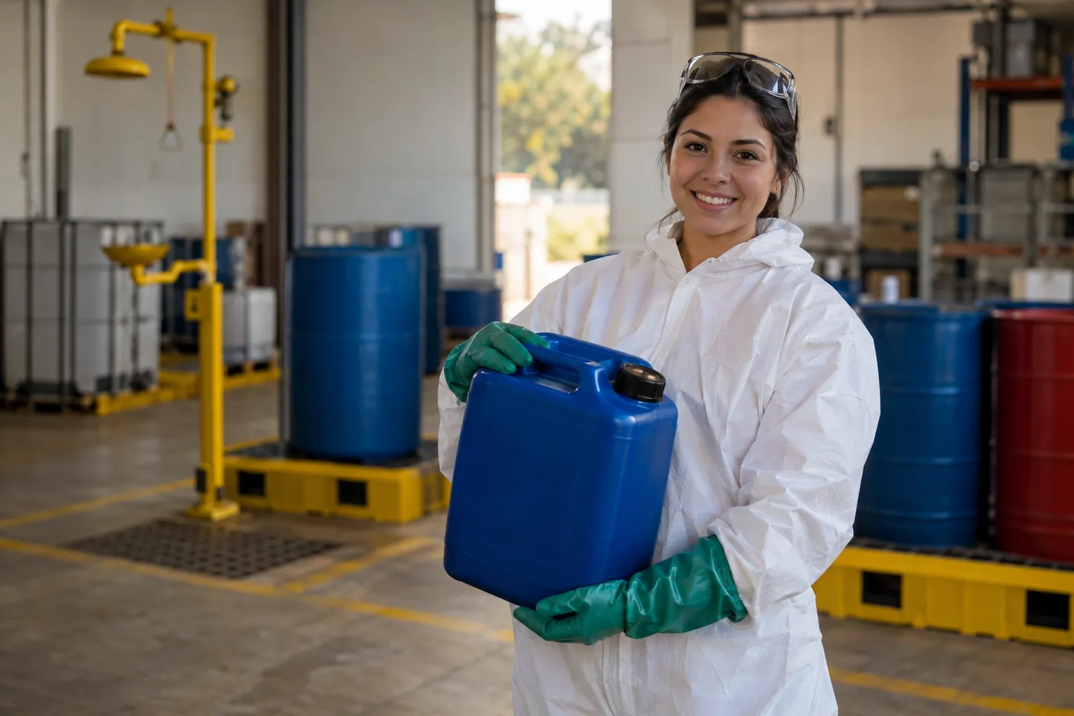 Técnica química con mameluco de protección y guantes sonríe a cámara con un bidón azul en un depósito de productos químicos, con una ducha de emergencia detrás