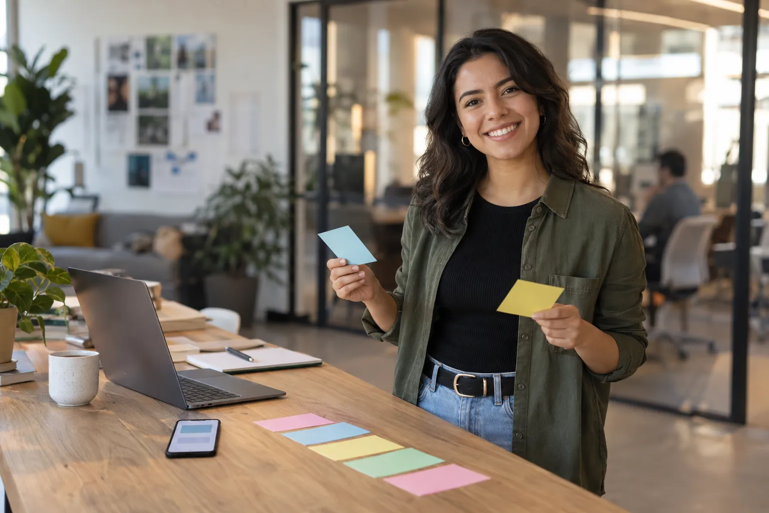 Responsable de producto sonríe a cámara con una tarjeta en cada mano, junto a una mesa con una fila de tarjetas de colores, un celular y una notebook