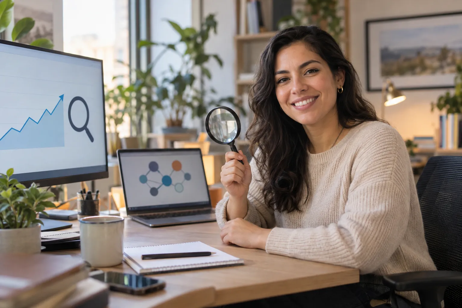 Especialista en posicionamiento web sonríe a cámara con una lupa en la mano, frente a un monitor con un gráfico en alza y una notebook con una red de enlaces