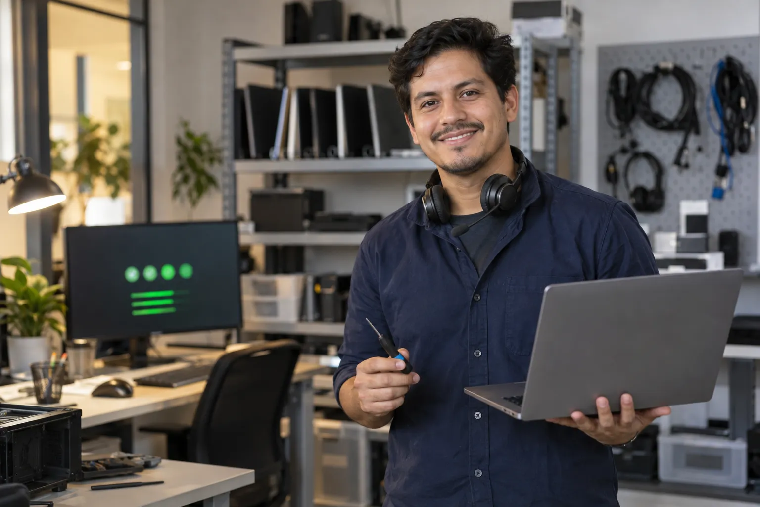 Técnico de mesa de ayuda con auriculares al cuello sonríe a cámara con una notebook abierta y un destornillador, entre estantes con equipos y cables