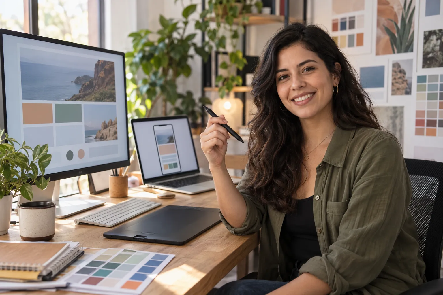 Diseñadora web sonríe a cámara con un lápiz de tableta gráfica, frente a un monitor con la maqueta de un sitio y una notebook con la versión para celular