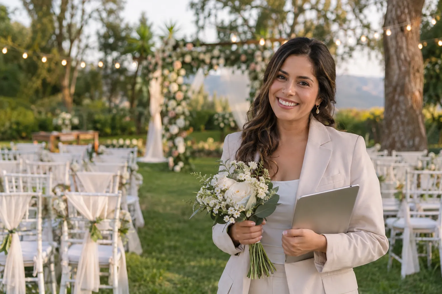 Organizadora de bodas sonríe a cámara con un ramo de flores blancas y una tablet, en un jardín preparado para una ceremonia con un arco de flores
