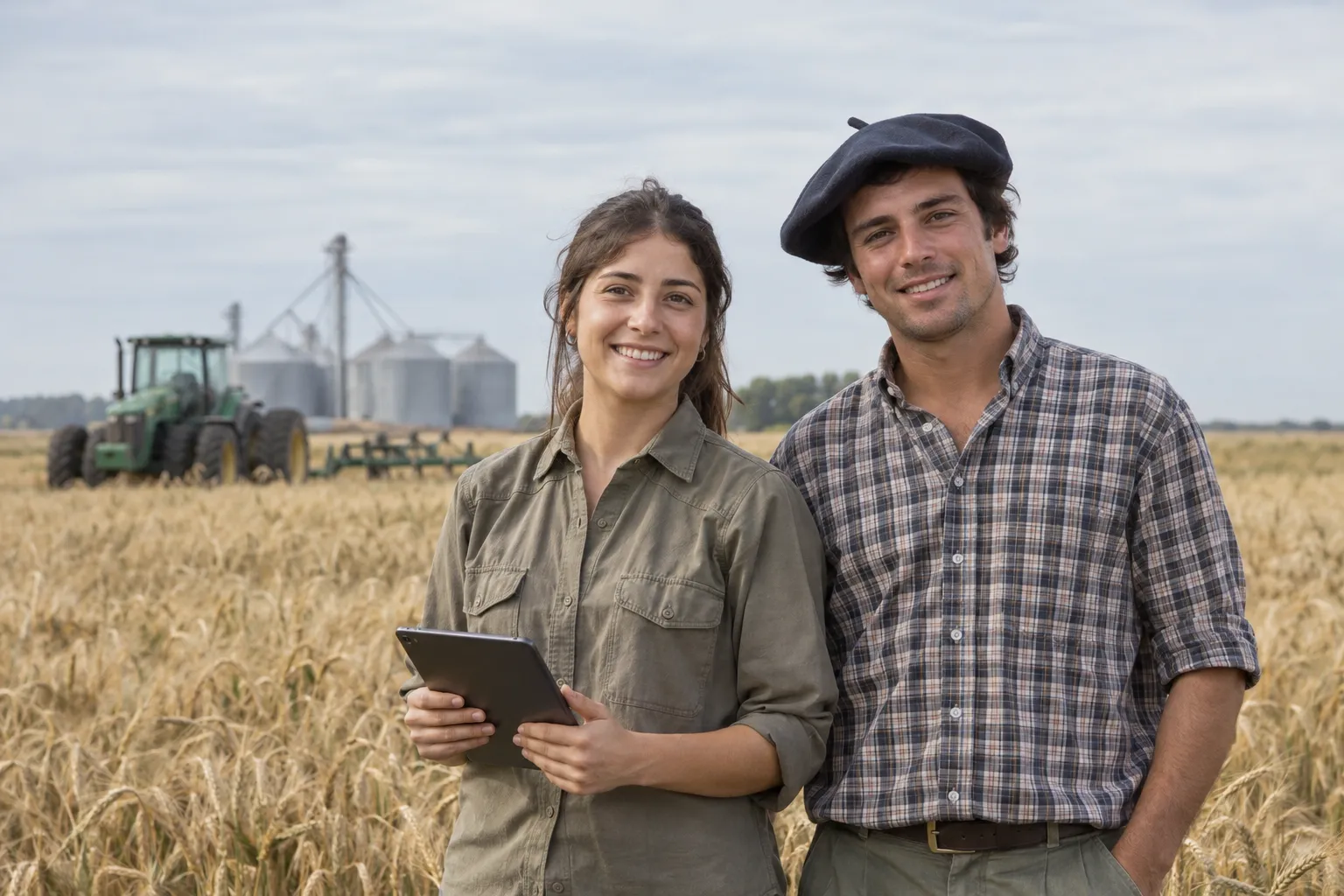 Una joven con una tablet y un joven con boina y camisa a cuadros sonríen a cámara en un campo de trigo; detrás, un tractor y silos