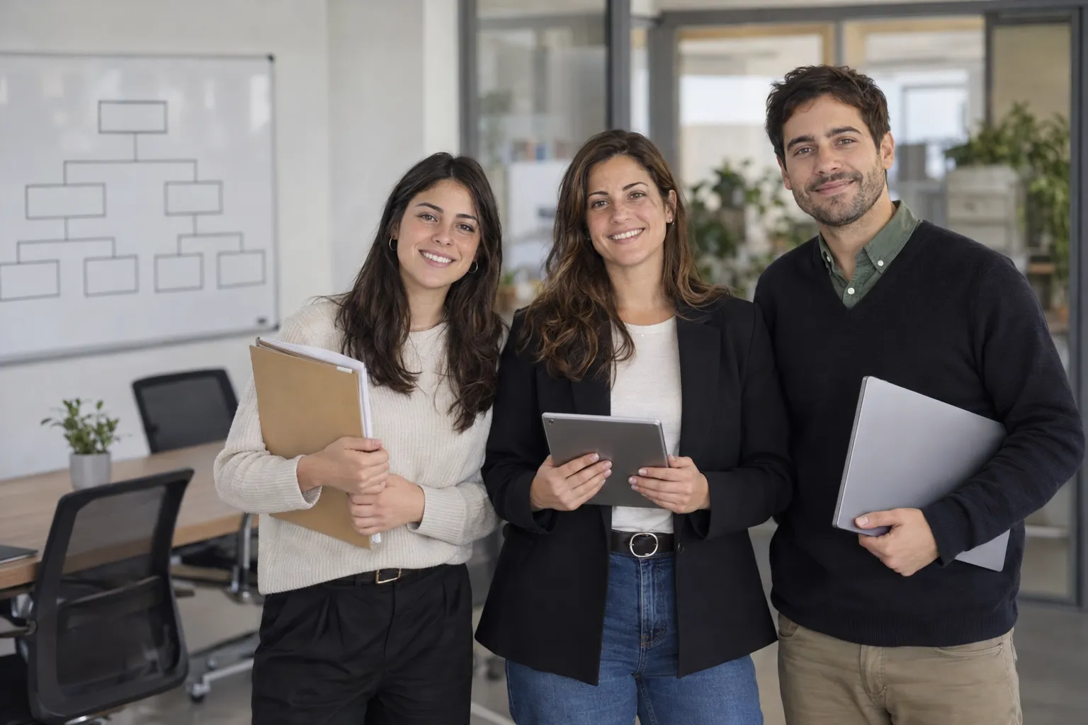Tres profesionales de administración y recursos humanos sonríen a cámara en una oficina, con una carpeta de legajos, una tablet y una notebook; detrás, una pizarra con un organigrama