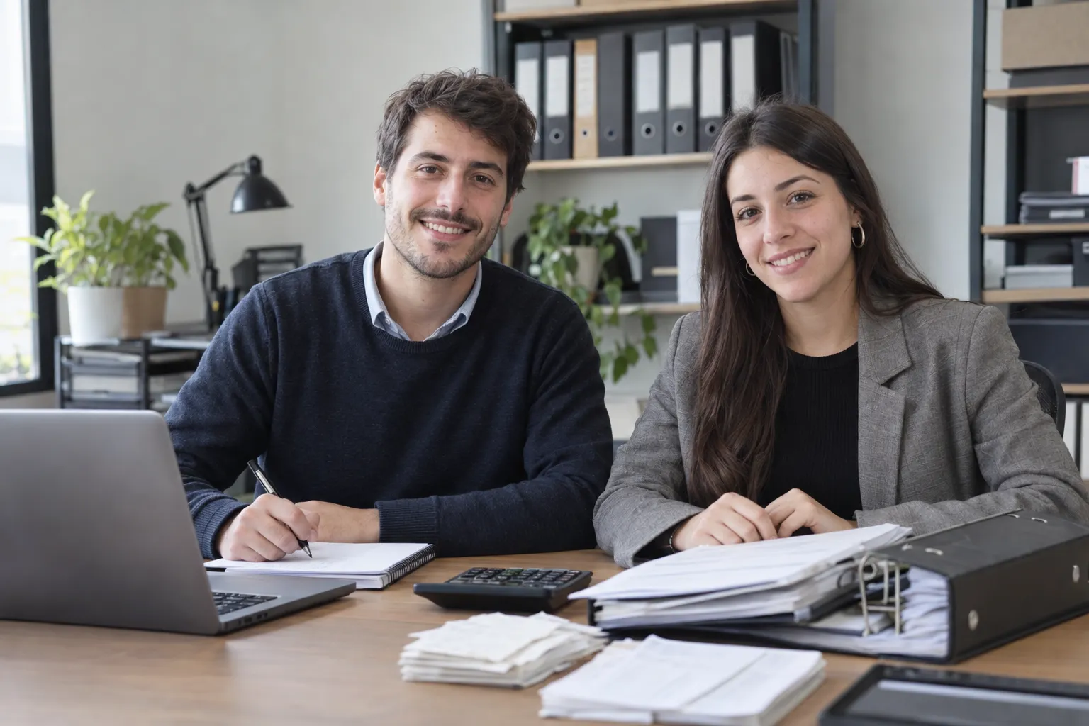 Un varón y una mujer jóvenes sonríen a cámara sentados en un escritorio con una notebook, una calculadora, comprobantes y un bibliorato, en una oficina con estantes de carpetas
