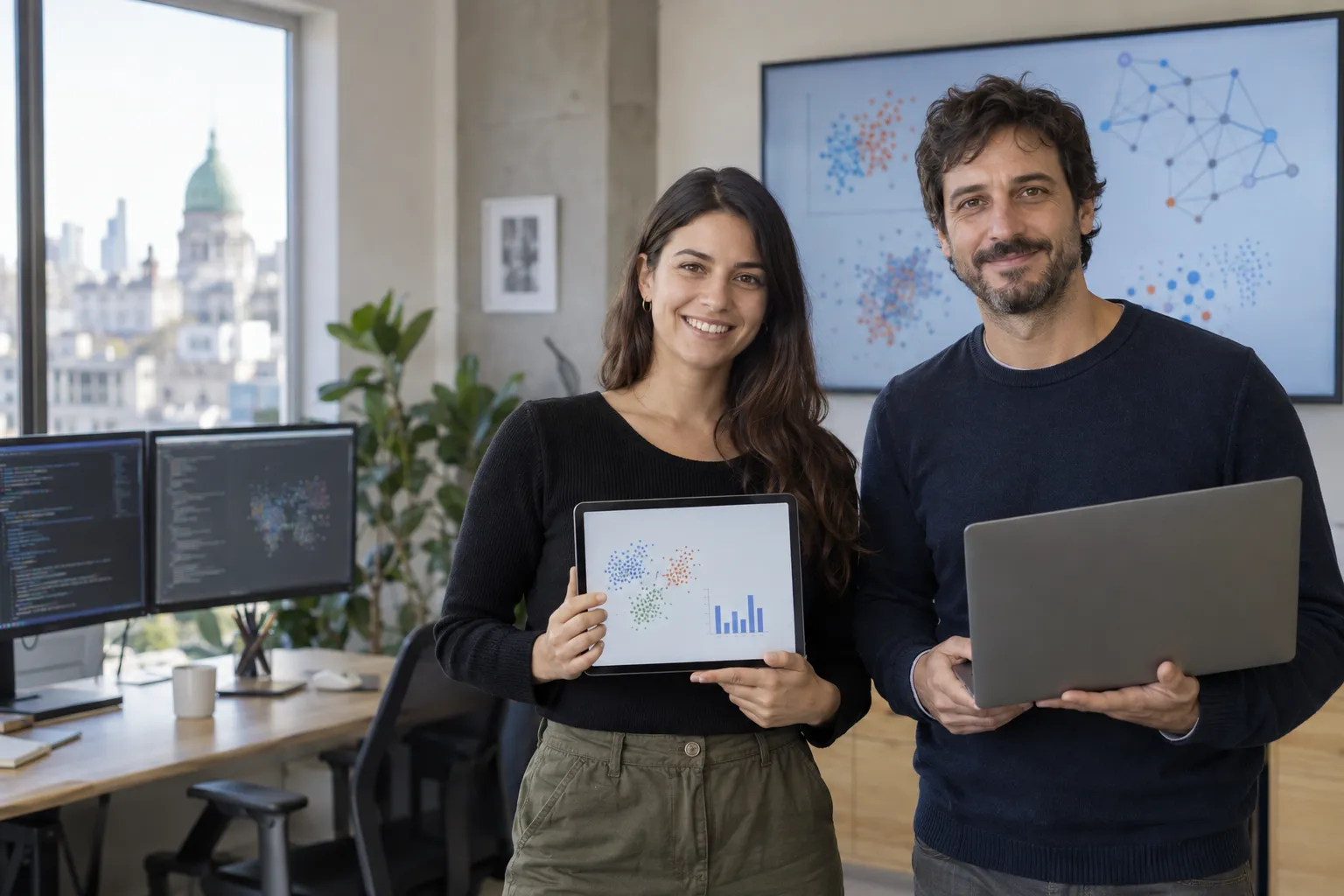 Una científica y un científico de datos sonríen a cámara de pie, con una tablet y una notebook, junto a una pantalla con gráficos de redes de nodos; al costado, un escritorio con monitores