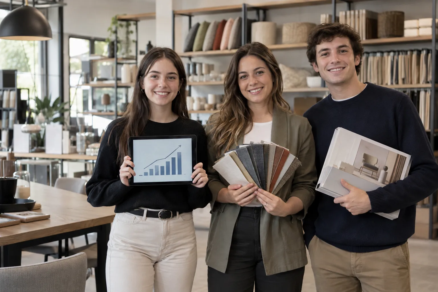 Tres vendedores jóvenes sonríen a cámara en un salón de exposición, con una tablet que muestra un gráfico de ventas en alza, un muestrario de telas y un catálogo
