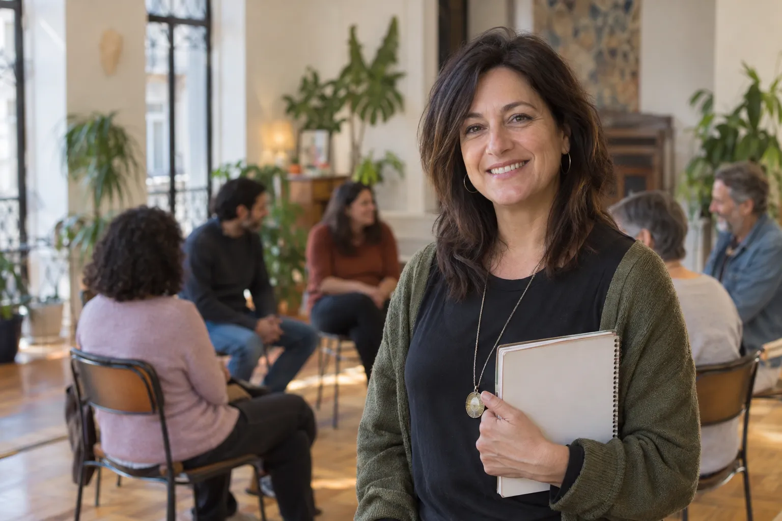 Facilitadora de talleres de desarrollo personal, de unos 45 años, sonríe a cámara con un cuaderno en la mano; detrás, un grupo sentado en ronda en un salón con plantas