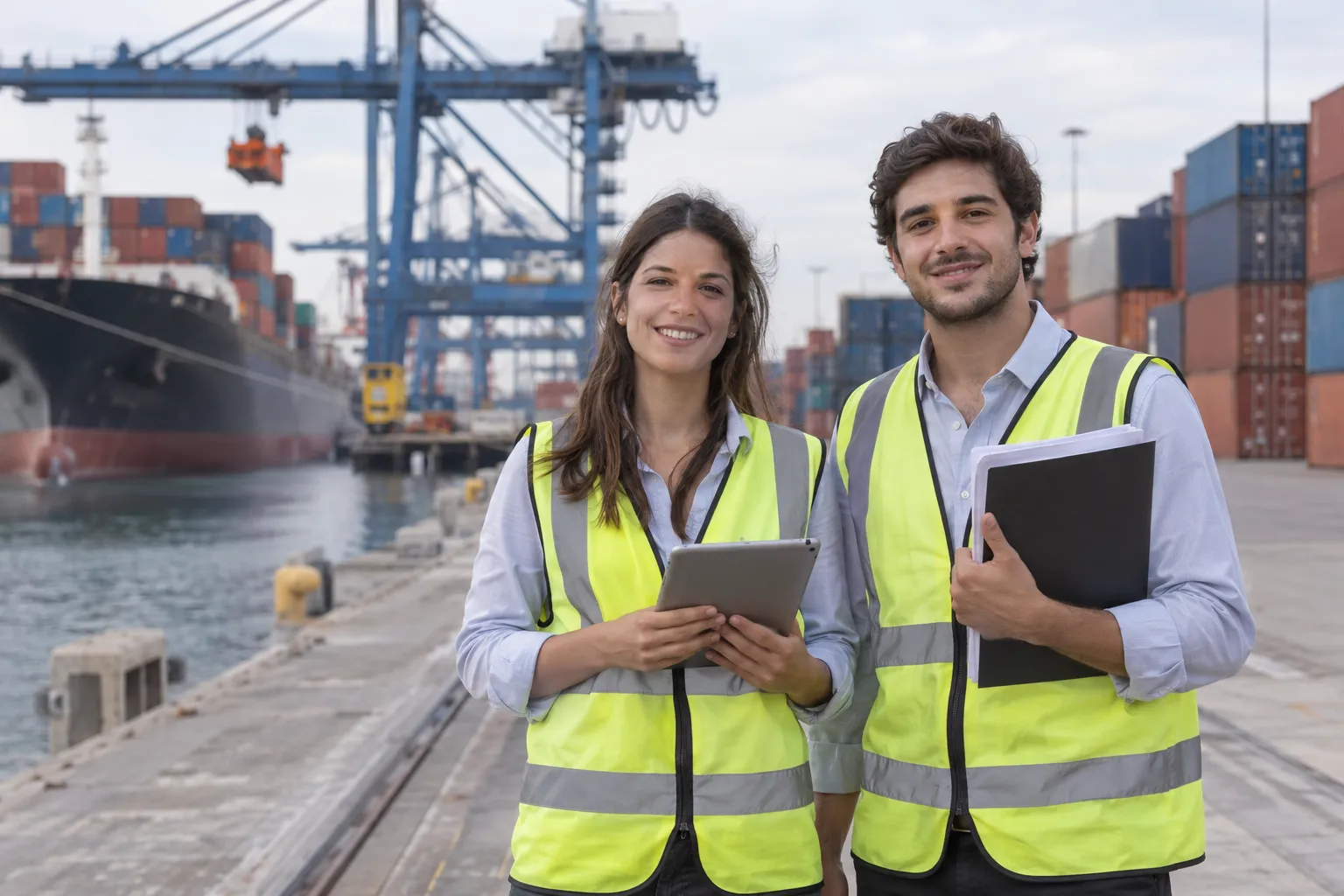 Una despachante y un despachante de aduana jóvenes, con chaleco reflectivo, sonríen a cámara en una terminal portuaria con una tablet y una carpeta; detrás, un buque y grúas